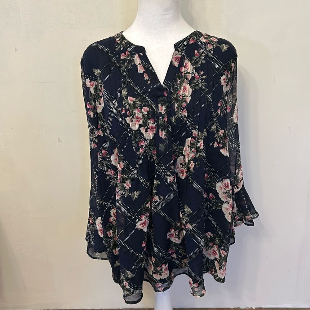 Charter Club dark blue floral pin tuck sheer statement sleeve blouse Sz L New